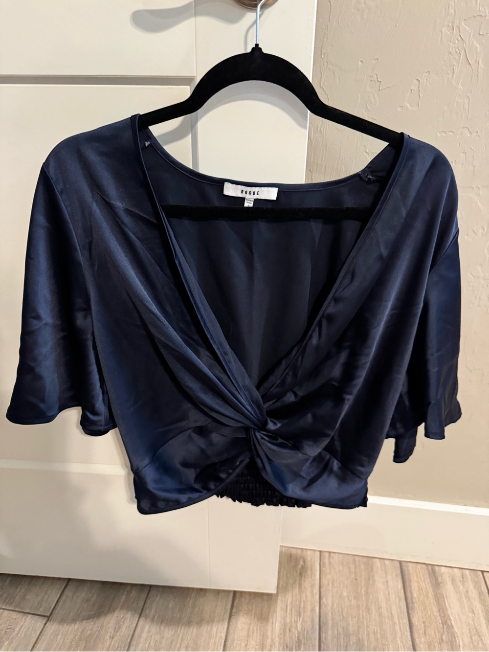 Roolee Navy Satin Twist-Front Crop Top